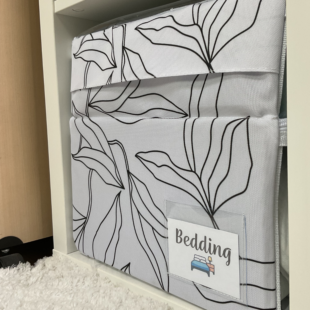 Scubl transparent storage box white and black leaf pattern fitting inside IKEA Kallax unit
